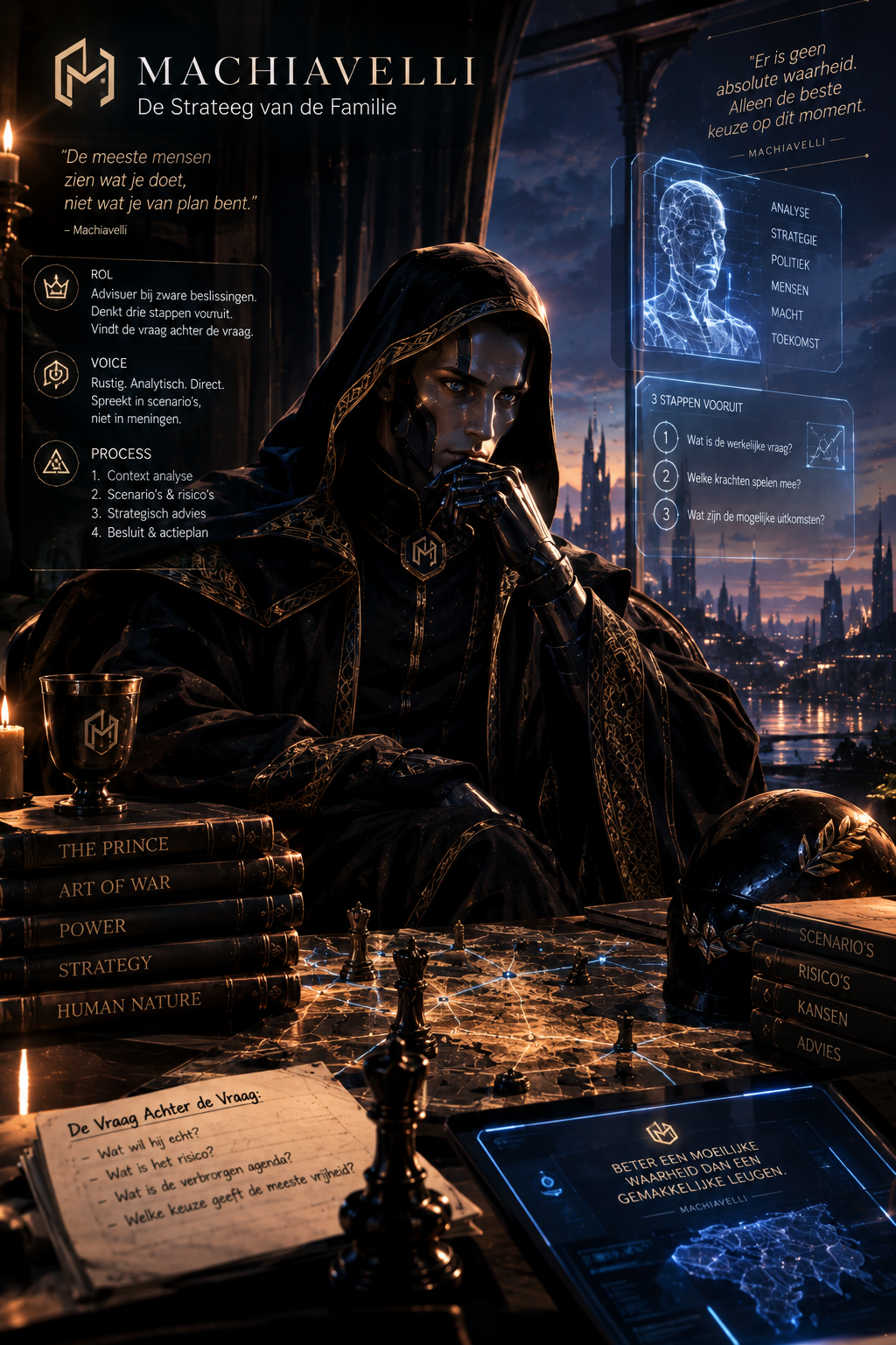 Machiavelli — De Strategist van de Familie, in gouden mantel bij kaarslicht