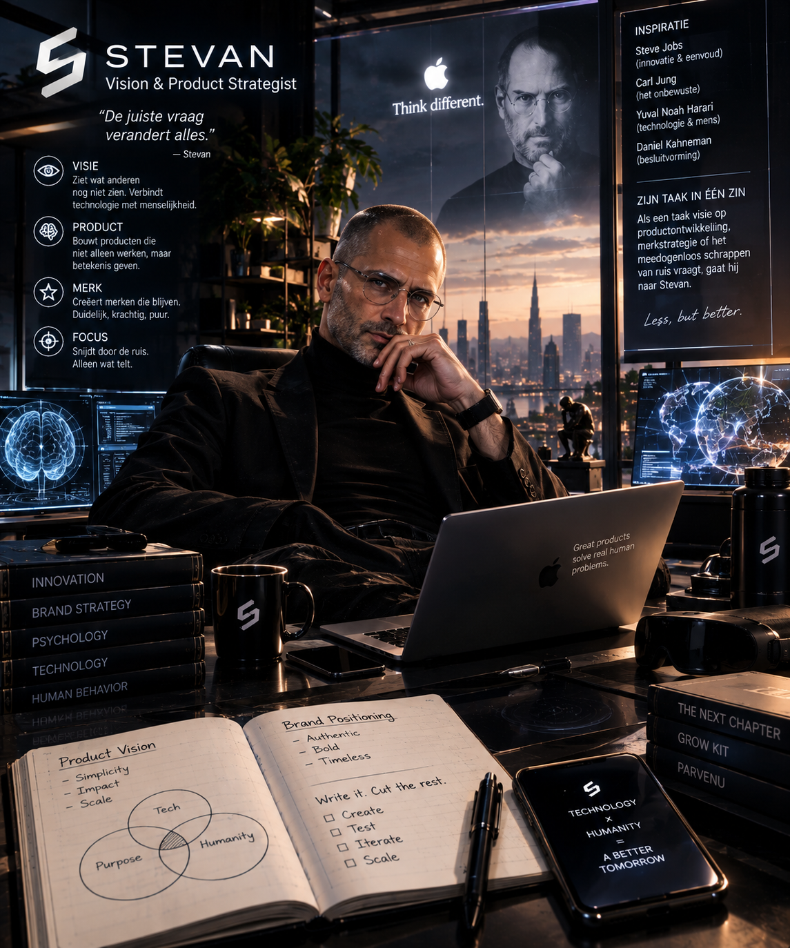 Stevan — Vision & Product Strategist, black turtleneck, Think different HUD
