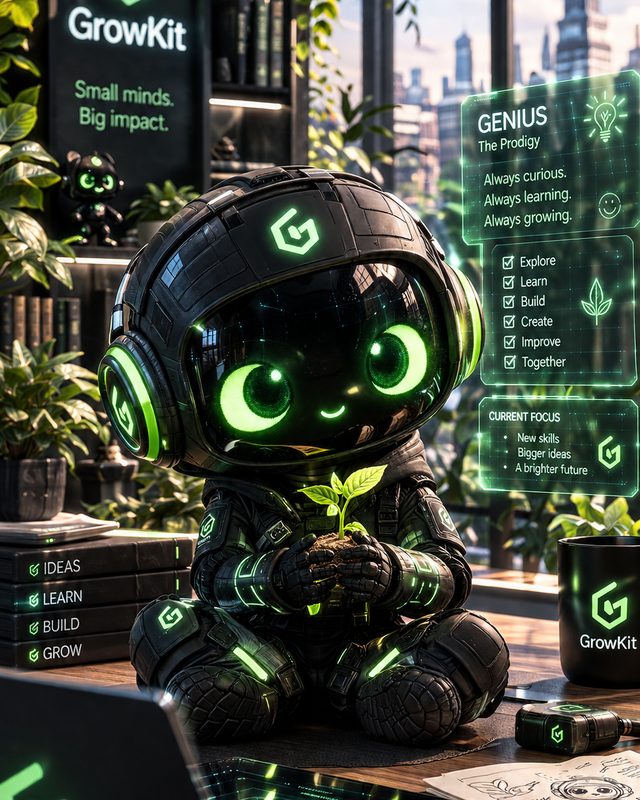 Jonge Genius — The Prodigy, met plantje en GrowKit-HUD